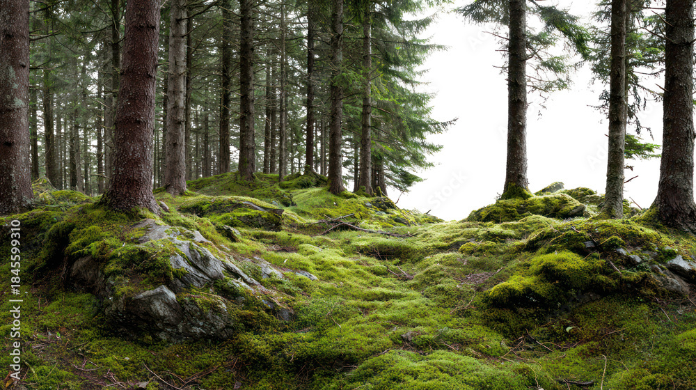 Naklejka premium Lush green moss covered forest floor with tree trunks and cutout area