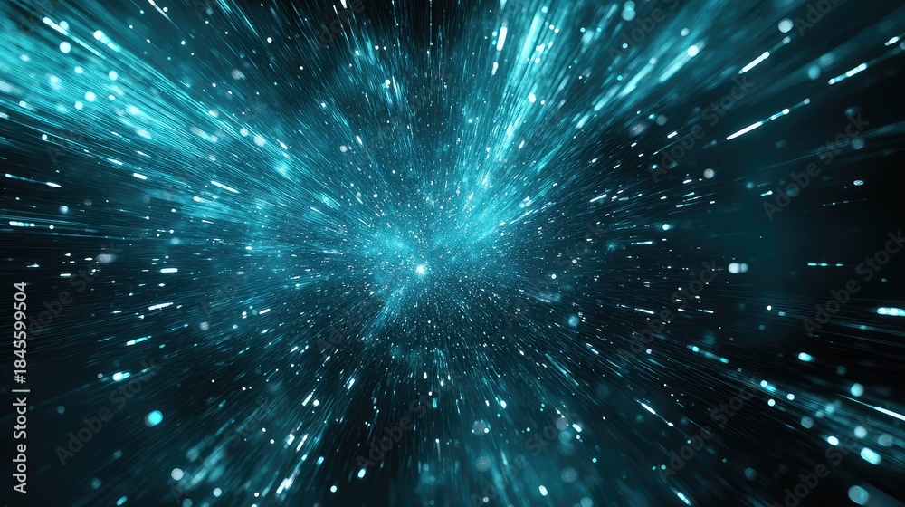 Obraz premium Particles of light creating an abstract stream, representing a future data transfer, warp speed travel, or energetic flow through a dark, technological tunnel