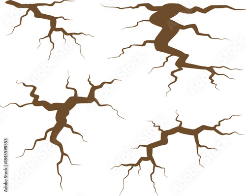 Set of ground cracks, fissures, and earthquake fault line vectors, damaged earth, broken road graphic design