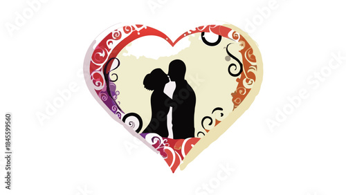Flat artwork of romantic couple silhouette forming heart shape with decorative border