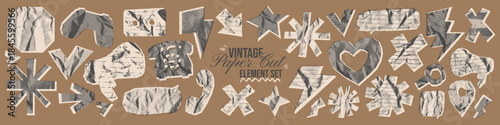 Vintage beige paper cut halftone element set. Bold retro shapes for collage design. Crumpled lined, grid notebook texture. Irregular rip scrapbook newspaper silhouette arrow, squiggle, star, lightning