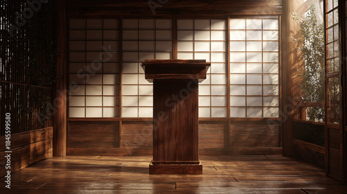 A solitary wooden podium stands within a traditional Japanese room, bathed in natural light