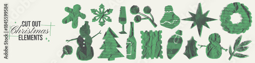 Christmas irregular paper cut element set. Crumpled paper with crumpled halftone texture. Festive retro funky collage rip shapes. Cut out whimsical tree, snowmen, wreath, snowflake, gingerbread, star.