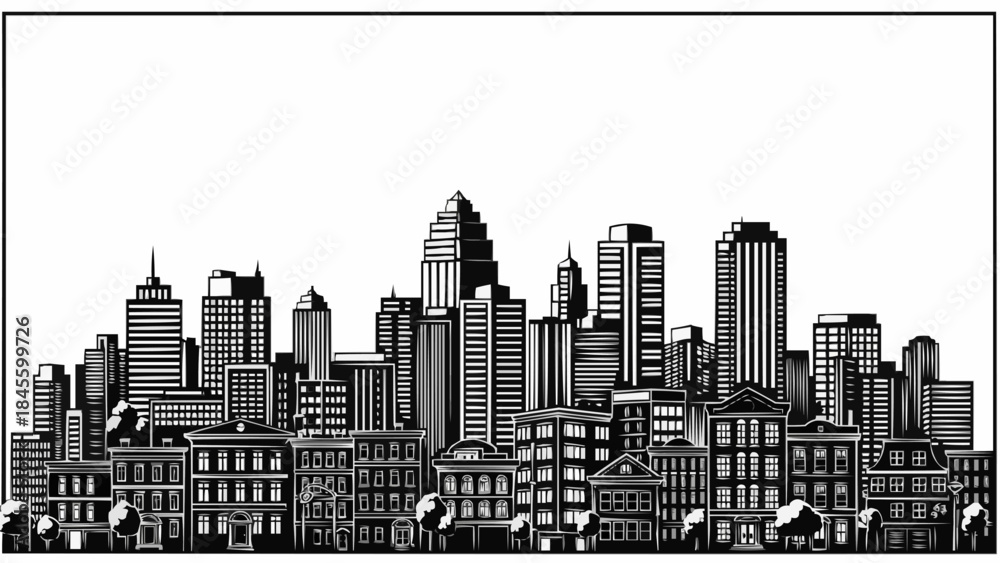 Fototapeta premium A detailed black and white illustration of a dense city skyline with various buildings.