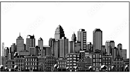 A detailed black and white illustration of a dense city skyline with various buildings.