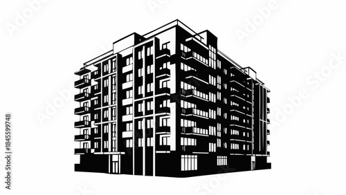 Modern Apartment Building Facade with Balconies and Windows.