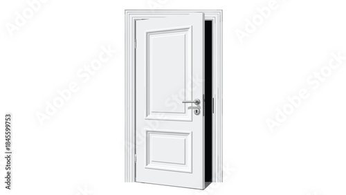 A sleek white interior door, slightly ajar to reveal a dark space beyond, complete with a modern silver handle and keyhole, isolated on a bright white background, symbolizing possibilities and entry.