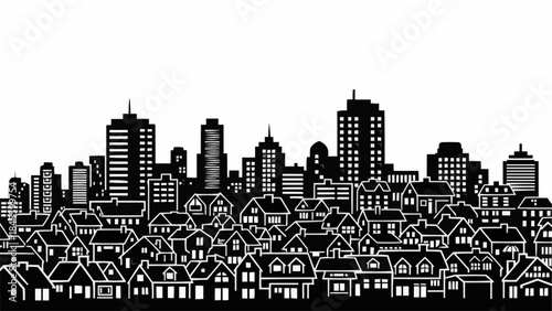 Black and White Silhouette of a Cityscape with Residential Houses and Skyscrapers.
