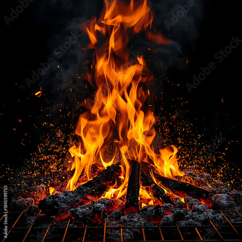Get a free trial to obtain 10 images or 1 video. The content includes a barbecue grill visual featuring embers, flames, and abstract sparks set against a black background.