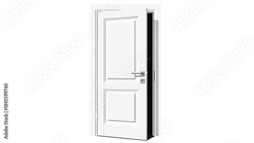 A modern white interior door, slightly ajar to reveal a dark opening, featuring a sleek silver handle and keyhole, isolated on a clean white background, suggesting privacy and new spaces.