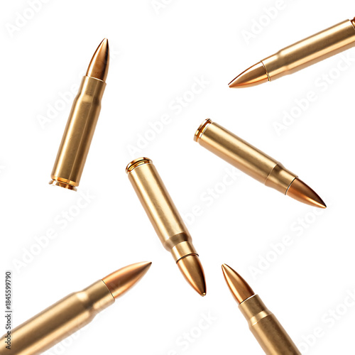 A collection of six brass rifle cartridges scattered and angled on a black background bullets ammunition isolated on a transparent background