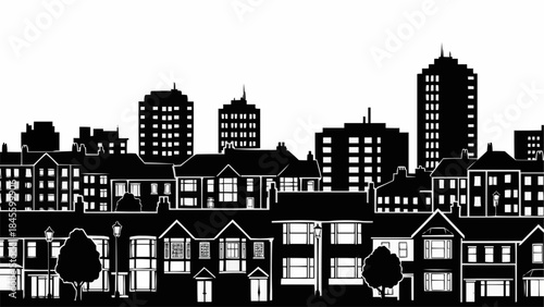 Suburban Houses and City Skyline Silhouette.