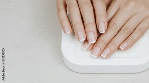 Wallpaper Mural Elegant french manicure on smooth hands resting on white surface Torontodigital.ca
