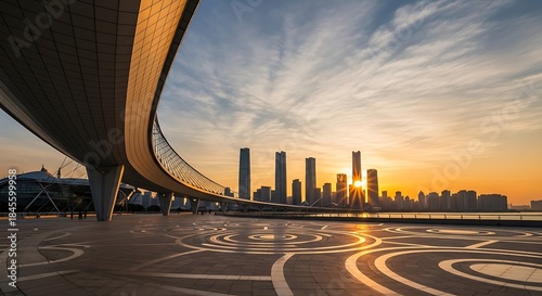 Modern bridge curves gracefully over a waterfront plaza with a vibrant cityscape at sunrise