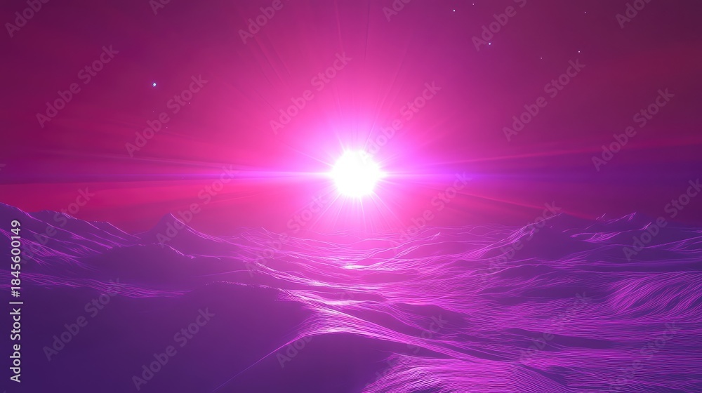 Obraz premium Extraterrestrial landscape immersing viewers in a vibrant purple and pink alien world with rolling hills under a blinding star and cosmic sky, conveying themes of exploration and mystery