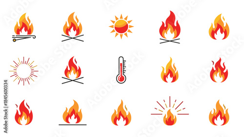 A diverse array of fifteen colorful flat design icons depicting themes of fire and heat, such as bonfires, suns, sunbursts, and a thermometer, cleanly displayed on a white background.