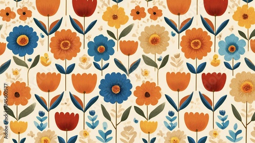 Retro Bloom Pattern - Vibrant Folk Botanical Art Design
