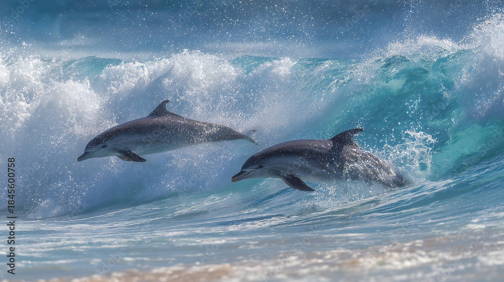 Fototapeta premium Dolphins Leaping Ocean Wave - Marine Wildlife Scene 