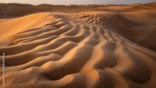 Fototapeta Naklejka Na Ścianę i Meble -  Stunning aerial view of desert dunes with flowing sand patterns under golden light at sunset