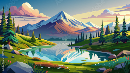 Panoramic illustration of Tipsoo Lake surrounded by wildflowers and evergreen forests, with Mount Rainier reflecting in calm alpine waters beneath a clear blue summer sky