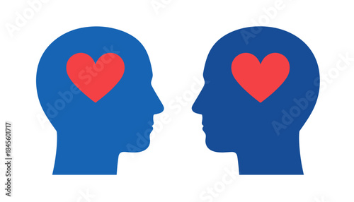 Two blue silhouettes with heart symbols representing connection  