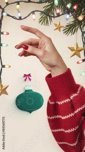 Loop vertical video of a hand in a red sweater hanging Christmas ornament against a backdrop of a decorated tree, lights, and stars, creating a cozy holiday atmosphere.