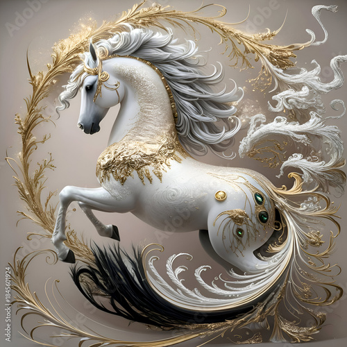amazing jewelred horse with white-black  tail. paint style Digital artwork. Ai generated
