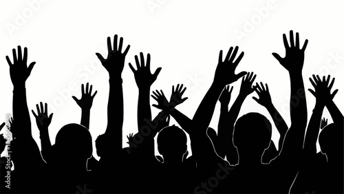 Silhouette of a crowd with hands raised in excitement.