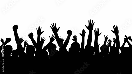 Silhouette of a crowd with raised hands celebrating.