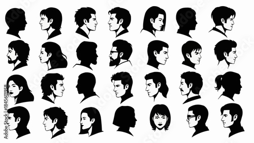 Collection of Diverse Human Profile Silhouettes in Black and White.
