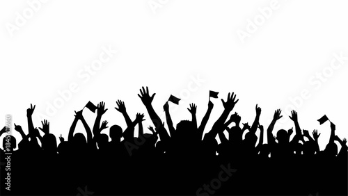 Crowd of people cheering with hands raised in silhouette.