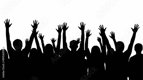 Silhouette of a crowd with hands raised in excitement.