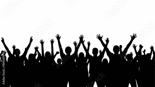 Crowd of people with hands raised in celebration.