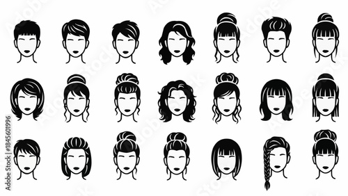 Collection of Diverse Hairstyles for Women Illustrated in Black and White.