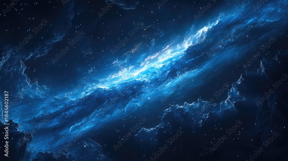 Obraz premium Blue dark nebula glowing with starlight and cosmic dust, forming new stars and celestial clouds across a vast, mysterious expanse of deep space and infinite possibility