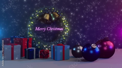 Bright Christmas 3D scene with balls and gift boxes and the inscription Merry Christmas