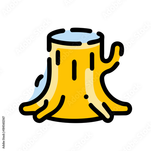 A colorful cartoon illustration of a tree stump, symbolizing nature and deforestation