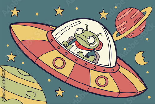 Cartoon frog in spaceship exploring galaxy with planets and stars
