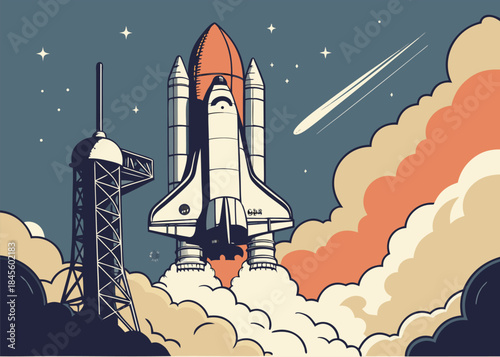 Space shuttle launching into starry night sky with vibrant clouds