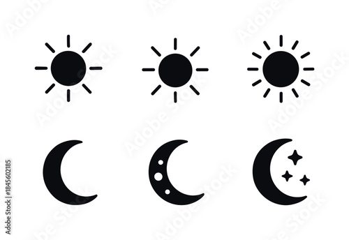 Sun and moon silhouette icon set. featuring sunny, sunset, sunrise, crescent, half-moon, and starry night symbols