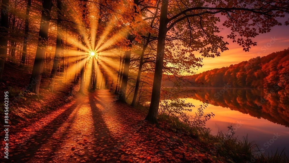 Obraz premium Sunlit autumn forest path with golden leaves and reflective lake at sunset