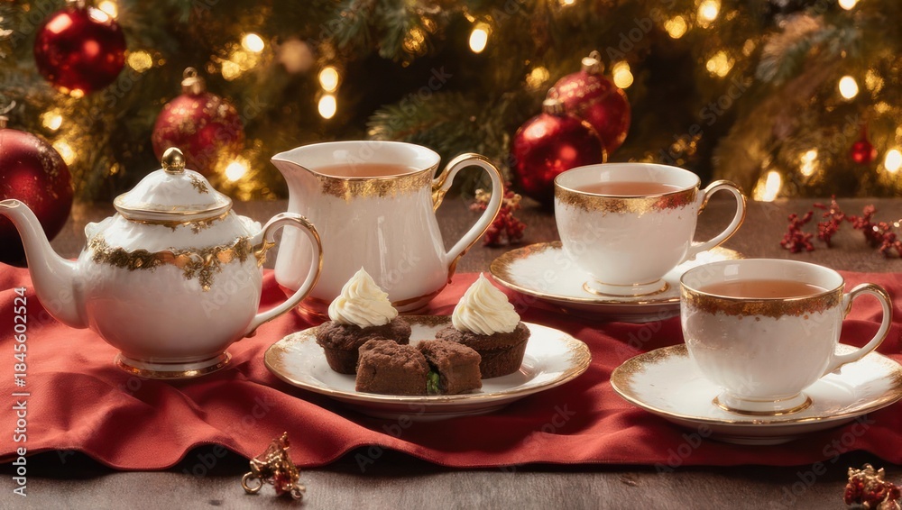Fototapeta premium Festive Christmas Tea Party with Elegant Teacups and Delicious Brownies.