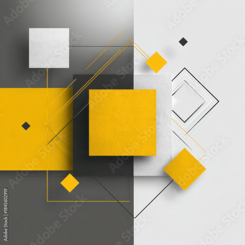 Modern geometric composition yellow square gray white minimal abstract design with shadowed layers