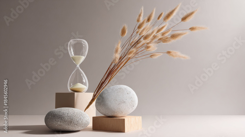 Soft hourglass with sand, smooth stone, dried grass, wooden block, neutral studio still life