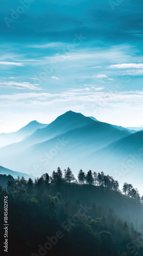 Misty mountain range forest ridge blue sky layered hills morning fog evergreen trees