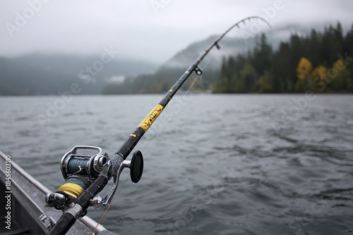 Curved Fishing Rod on Downrigger in Puget Sound, Targeting Chinook Salmon and Coho