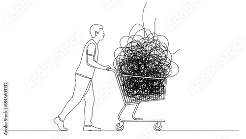 A man pushing a shopping cart overflowing with a dense, chaotic tangle of scribbled lines, representing the overwhelming complexity of consumerism, decisions, or burden.