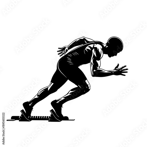 Dynamic silhouette of a sprinter exploding from the starting blocks, perfect for conveying speed, power, and determination in sports or business concepts