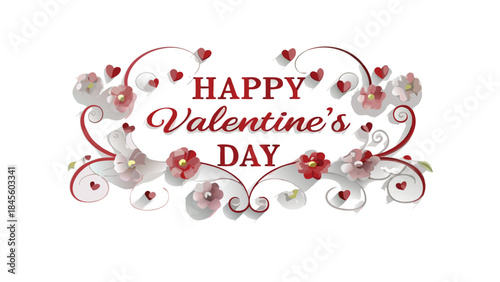 Elegant illustration of stylized red happy valentine's day with flowers and hearts on white background for love and romance