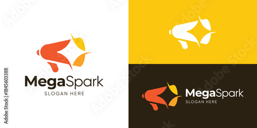 Creative simple mega spark logo template. Abstract megaphone with spark logo design vector illustration.